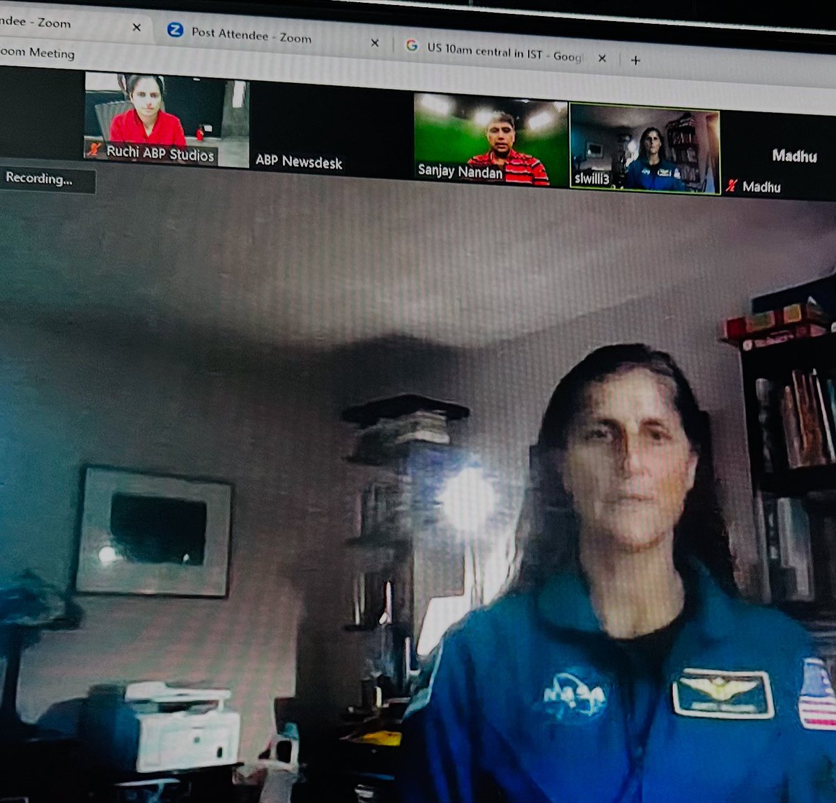 Welcome back <a href="/Astro_Suni/">Sunita Williams</a> (Sunita Williams)! Pic- Aug 2023 when I got this opportunity to interview her online for a show I produced when India launched Chandrayaan 3!! A wonderful person and a great astronaut! Watch her detailed interview on hotstar.com/1260147550