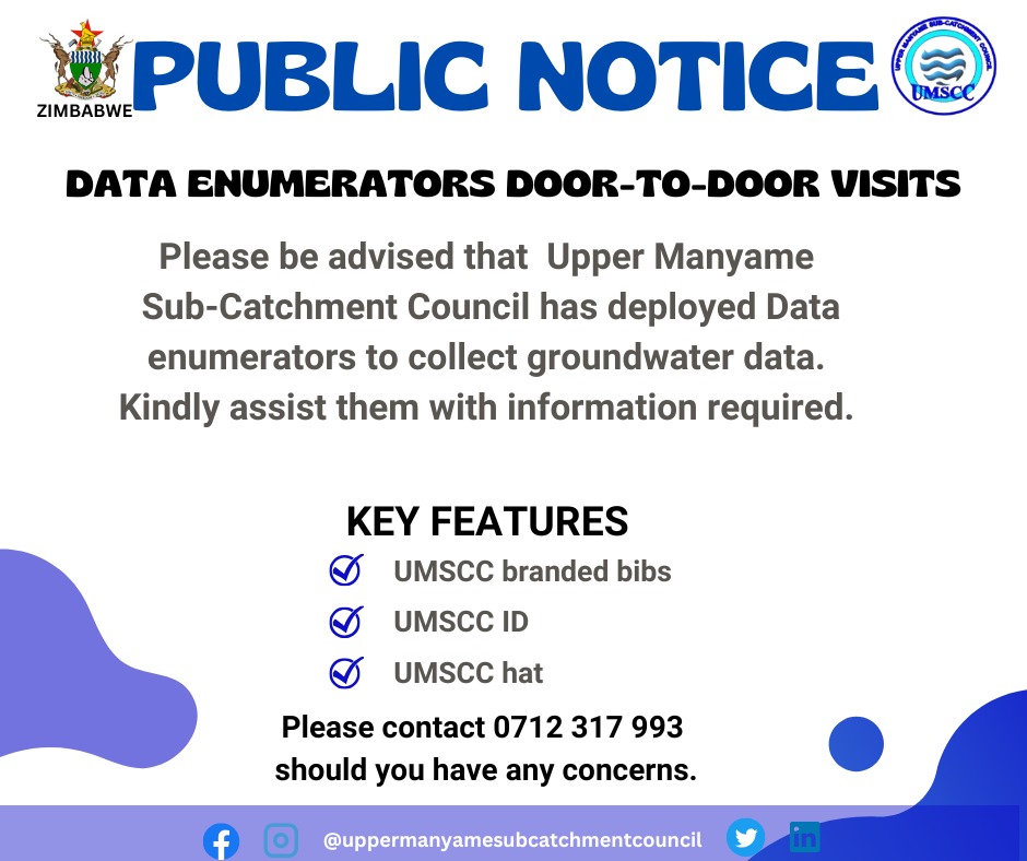 Please be advised that our data enumerators will be conducting door to door visits in areas within Upper Manyame Sub-Catchment. Please take note of the key features.