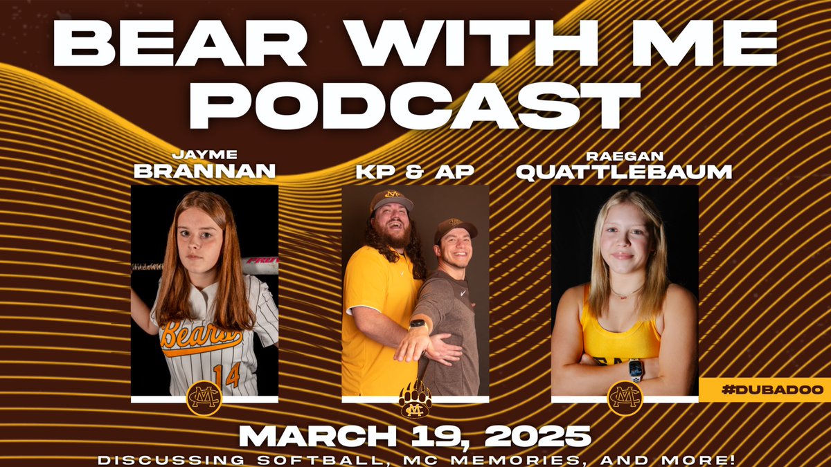 The Bear With Me Podcast with Jayme Brannan nd Raegan Quattlebaum is live! We discuss softball, favorite MC memories, and more!

YouTube Video:

youtu.be/oMrWTi8lCCw

Listen (Spotify):

open.spotify.com/episode/2DgTLQ…

Listen (Apple Podcast):

podcasts.apple.com/us/podcast/bea…

#GoBears🐻