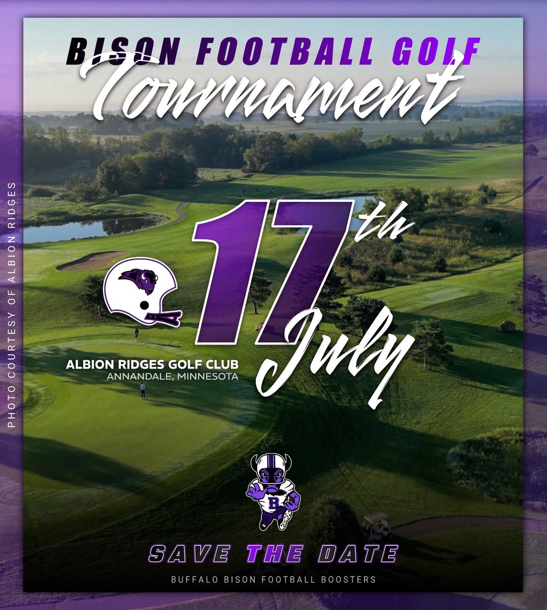 Buffalo Bison Football Boosters (@bisonfbboosters) on Twitter photo SAVE THE DATE! ๐
Our 1st annual <a href="/GoBisonFootball/">Bison Football</a> Golf Tournament will be held on Thursday, July 17th at Albion Ridges Golf Club in Annandale, MN. The โBest Shotโ tournament will be for 4-person teams. โณ๏ธ
More information & registration to come soon.
#A11IN ๐ฆฌ๐ SAVE THE DATE! ๐
Our 1st annual <a href="/GoBisonFootball/">Bison Football</a> Golf Tournament will be held on Thursday, July 17th at Albion Ridges Golf Club in Annandale, MN. The โBest Shotโ tournament will be for 4-person teams. โณ๏ธ
More information & registration to come soon.
#A11IN ๐ฆฌ๐