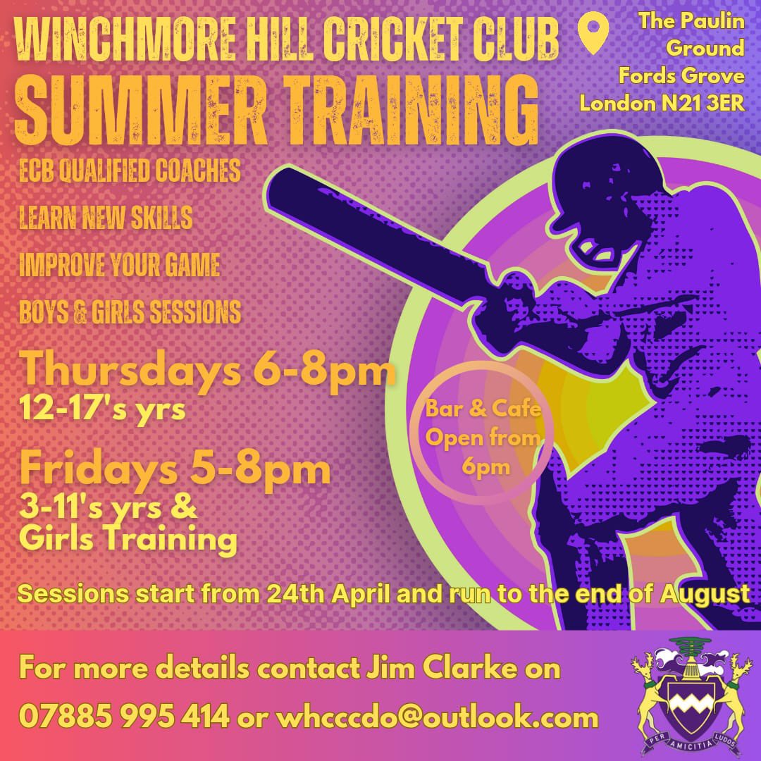 Winchmore Hill CC (@winchmorehillcc) on Twitter photo Summer Training is Just around the corner
This year we are taking children as young as 3 this year as we look to continue offering more for our community
Please contact <a href="/jimmyclarke38/">Jimmy Clarke Cricket SEND daddy 👨👦🏏 🧩</a> on 07885995414 or whcccdo@outlook.com
#london
#cricket
#summer Summer Training is Just around the corner
This year we are taking children as young as 3 this year as we look to continue offering more for our community
Please contact <a href="/jimmyclarke38/">Jimmy Clarke Cricket SEND daddy 👨👦🏏 🧩</a> on 07885995414 or whcccdo@outlook.com
#london
#cricket
#summer