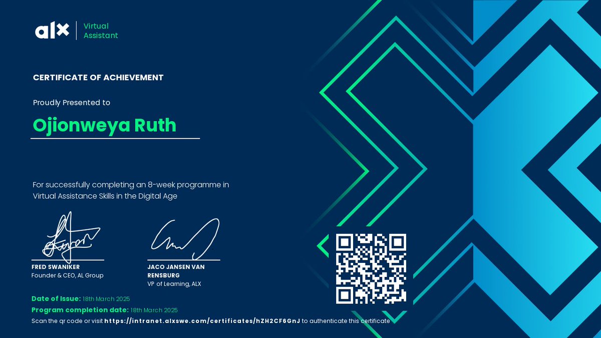 Ruthatit1's tweet image. I’ve  earned my Virtual Assistant Certification from the ALX Program!   
Gained skills in admin support, time management, and tech tools to help businesses thrive. Ready to bring efficiency and productivity to your team #VirtualAssistant #ALXProgram #CertifiedVA #NewSkills