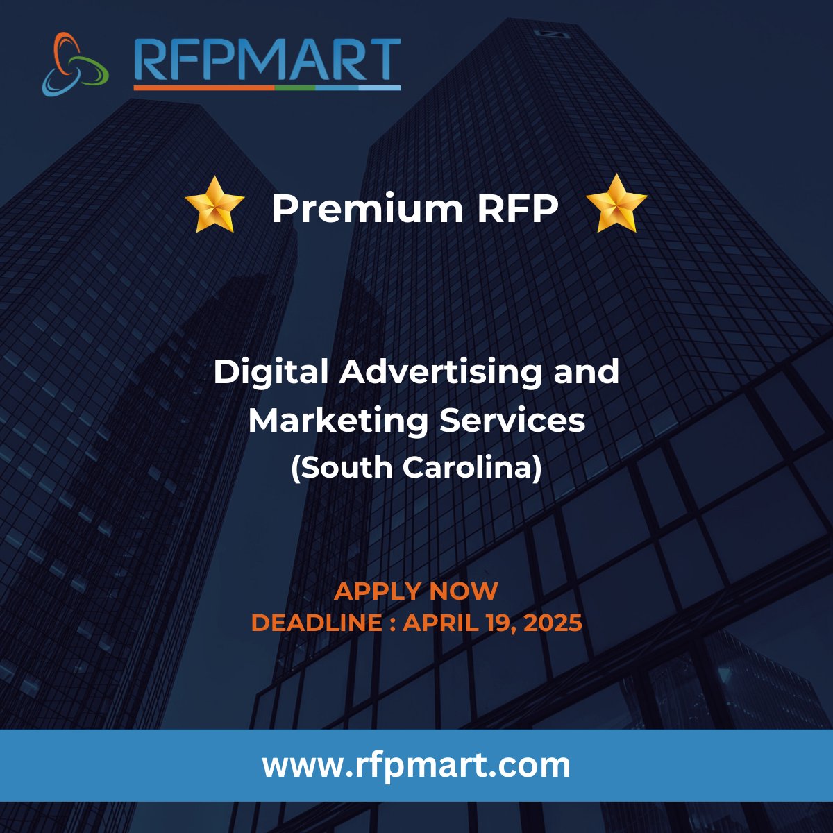 RFPMart's tweet photo. A government authority located in South Carolina is looking for a vendor for "Digital Advertising and Marketing Services"

The deadline to apply for this tender is April 29,2025.

RFPMart has posted this RFP on our portal at https://t.co/HrQ7gPhfCg, and you can check the details or purchase the exact RFP by visiting the following URL:
https://t.co/XnSgsL0q5O

For more related RFPs, please visit our website at https://t.co/HrQ7gPhfCg

#RFP #tender #SouthCarolina #USA #Global #Marketing #Facebook #reach #Digital #Instagram #Youtube #SocialMedia #Strategic #Creative #follower #Media #Campaign #Production #Accessibility #Latest #SEO #Analytics