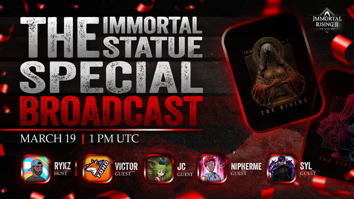 Join us today for a very special broadcast as we talk about the ongoing Immortal Statue mint &amp; reveal what’s next ⚔️ 

📅 March 19 | 1 PM UTC
🎙️ Featuring: <a href="/jckdotim/">jckim.xyz 🆅</a> <a href="/YohotheFox/">YOHO🦊</a> <a href="/rykz_jpeg/">rykz</a> <a href="/NiphermeDave/">Nipherme</a> <a href="/sylgamingnft/">Syl | Sylphy Academy</a> 

Bring your questions, we'll meet you with the answers. . .