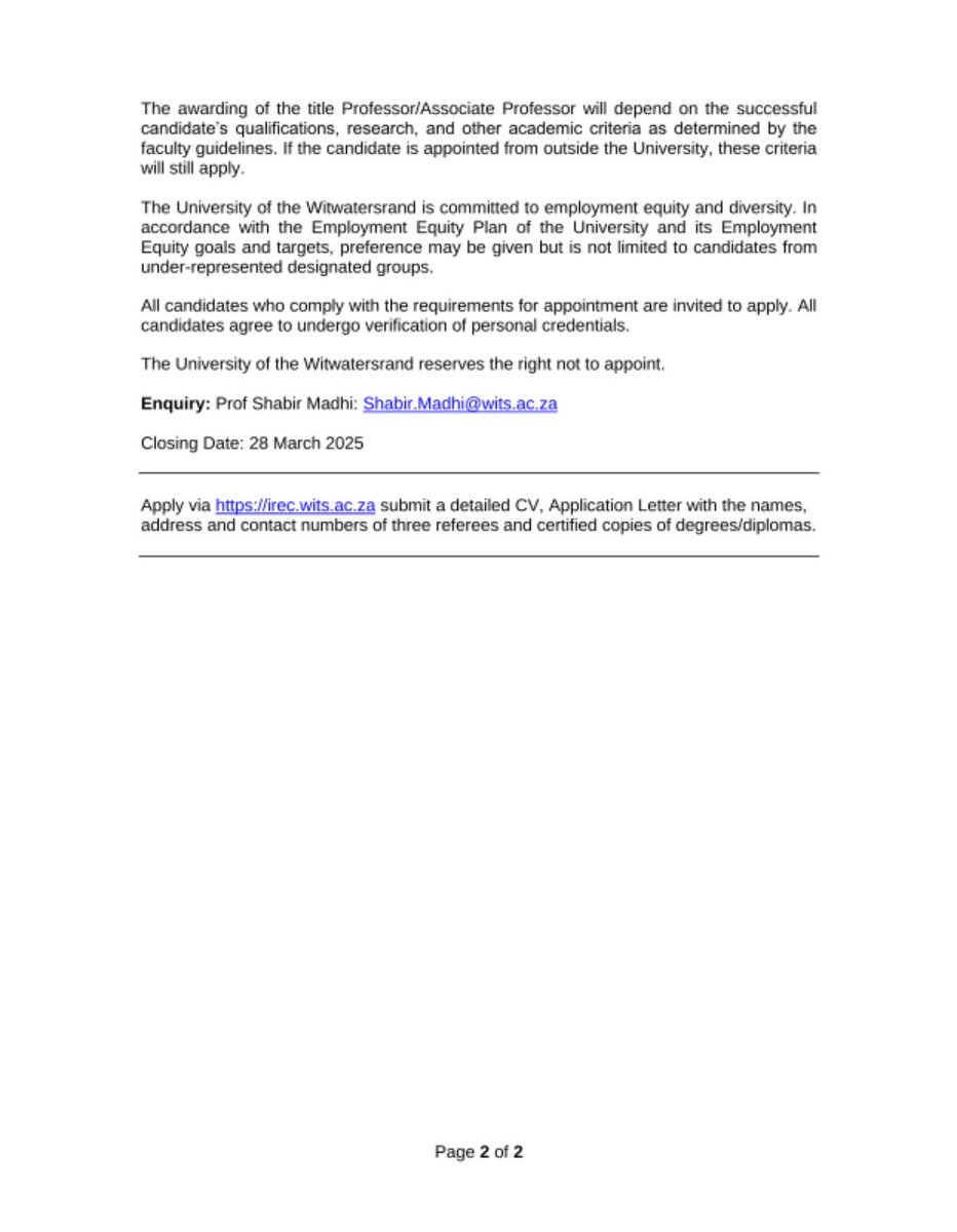 Dr. Khanyisile Kgoadi (PhD) (@kaystarz) on Twitter photo Job Alert ā¼ļø Applications open for <a href="/WitsUniversity/">Wits University</a> Head of Department of Physiology within the School of Biomedical Sciences. Closing Date 28 March 2025. Job Alert ā¼ļø Applications open for <a href="/WitsUniversity/">Wits University</a> Head of Department of Physiology within the School of Biomedical Sciences. Closing Date 28 March 2025.
