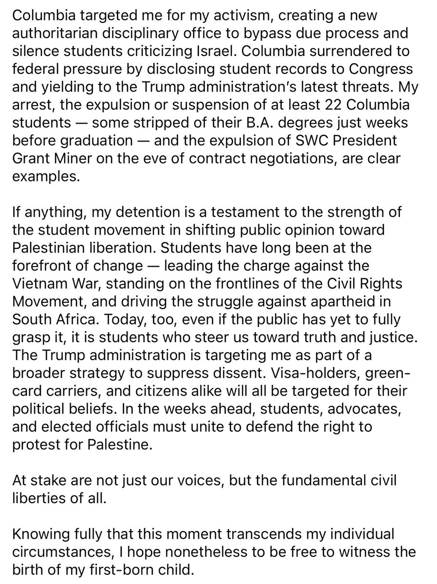 Statement of Mahmoud Khalil dictated by phone from ICE detention center