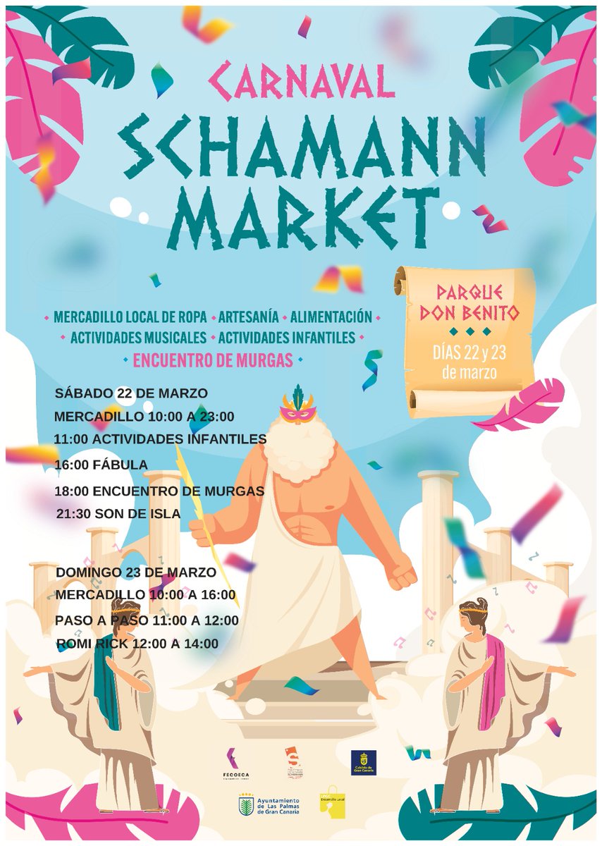 🤡 "Carnaval Schamann Market" llega al parque Don Benito este fin de semana. Una amplia oferta de actividades que cuenta con mercadillo, gastronomía, talleres infantiles, música y encuentro de murgas.

📍Parque Don Benito
🗓️22 y 23 de marzo
🗞️laspalmasgc.es/es/ayuntamient…