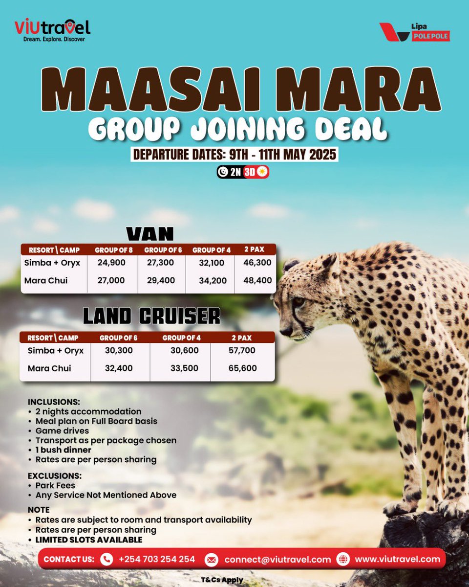 🌅 Safari dreams at unbeatable prices 
🦓! 
Limited slots available for an epic Maasai Mara adventure. 

Who's in? 
#Viutravel

#TravelWithUs #BigFive #NatureEscape #BucketListTravel 
#AffordableLuxury #GroupTravel #UnforgettableSafar