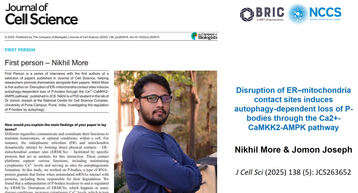 Happy to see Nikhil More, our PhD Research Scholar, featured in the First Person section of the Journal of Cell Science this month. 
Read about it here: journals.biologists.com/jcs/article/13…
Research article here:
journals.biologists.com/jcs/article-ab…
 
#PhDSuccess #PhDResearch #cellbiology #biotechnology