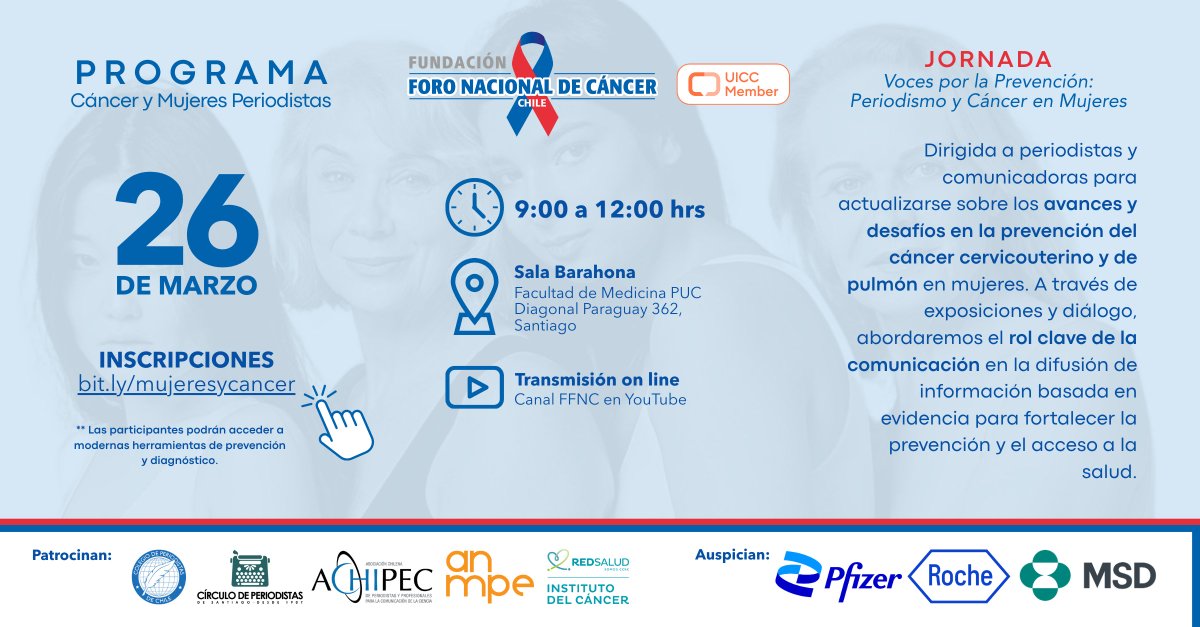 📣26 de marzo. Únete a Voces por la Prevención: Periodismo y Cáncer en Mujeres
📍 PUC, Santiago |🕘 09:00 - 12:00 hrs | 🔴 Transmisión en vivo
🎟️ Inscríbete 👉 bit.ly/mujeresycancer
💜 Presencial: autotoma de test VPH sin costo.
💻 Online: tercera dosis gratis de la vacuna VPH.