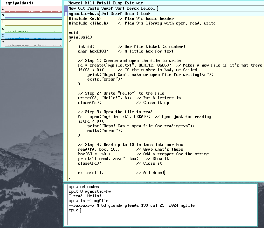 ShannAurelle's tweet image. First success (on first prompt) for Grok Plan 9 C program. Seems like I have no excuses to build cool software for my #9front setup😅