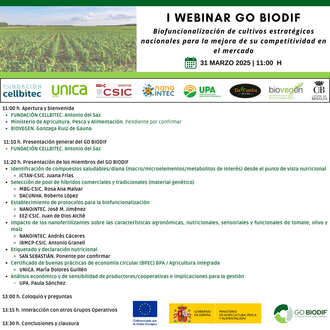 gobiodif's tweet image. 📢¡ No te pierdas el I WEBINAR #GOBIODIF: Biofuncionalización de cultivos estratégicos nacionales para la mejora de su competitividad! 🍅🌽🫒
¿Cuándo? 📆 31 marzo 2025
¿A qué hora? ⏰ 11:00 horas
¡INSCRÍBETE AQUÍ! 👉 biovegen.org/i-webinar-go-b…