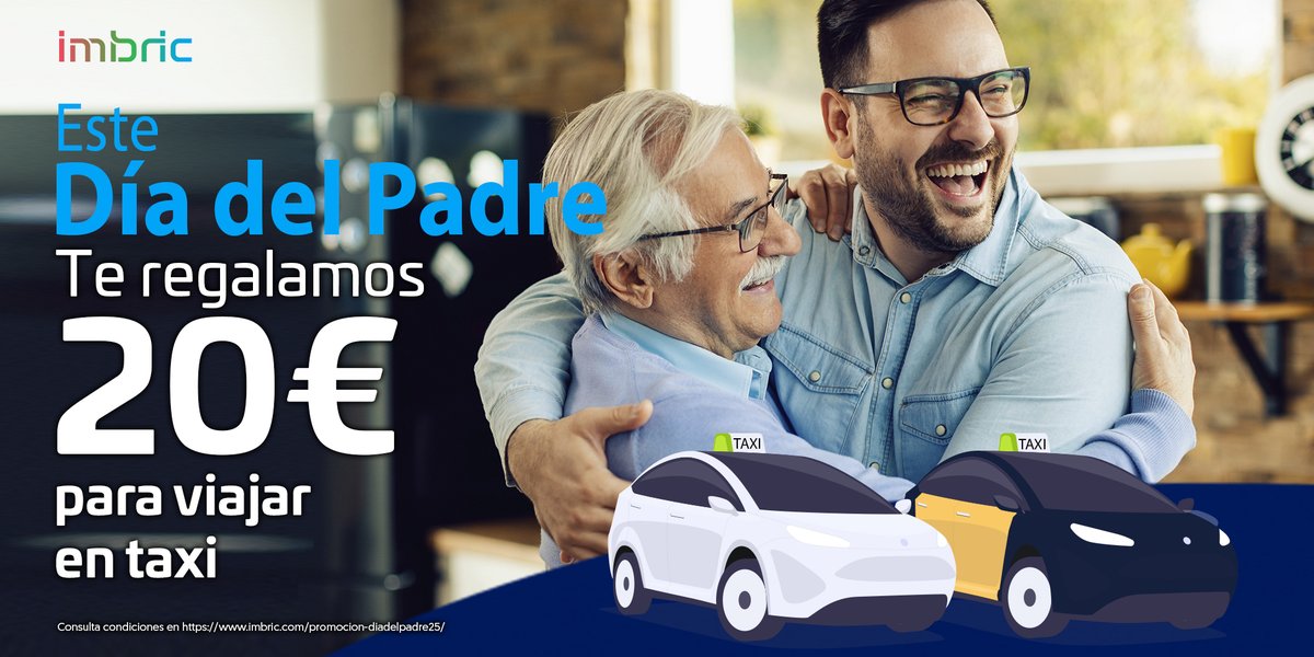 A su restaurante favorito, a una visita familiar... Sorprende a tu padre con un #viaje cómodo y seguro en #taxi. Hasta el 02/04, viaja en taxi con #Imbric con:

¡Hasta 20€ para tus próximos 10 viajes!

➡️ Introduce el código DIADELPADRE25 en la sección promociones 🔉de la app
