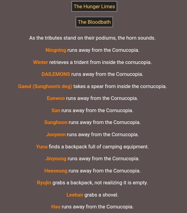 DAILEMONS's tweet photo. Ok the Bloodbath! Let's see... what do we have here... @Khiminjeong what are you going to do with the trident??? @gaeuIpark how are you so small but takes a spear! @yungotme ohhh your lucky moment... @rhuijnshin and your unlucky moment. @kihmleehan who are you going to bury? https://t.co/g5DCYJPrxH