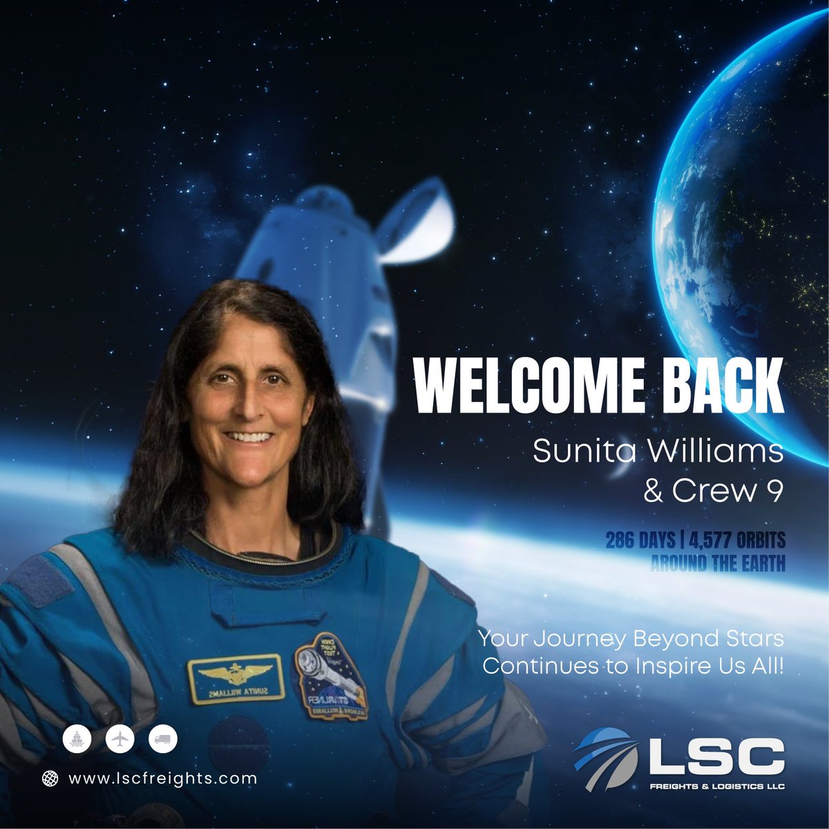 llc_lsc's tweet photo. Welcome back, Sunita Williams &amp; Crew 9! 🌍
After an extraordinary 286 days in space and an incredible 4,577 orbits around Earth!
Your Journey Beyond Stars continues to inspire us all to reach new heights and explore limitless possibilities! 

#sunitawilliams #space  #lscfreights https://t.co/VoSoHQme0e