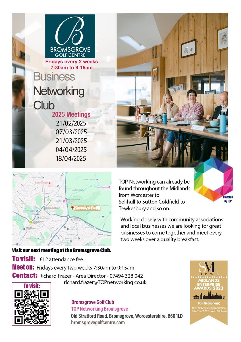 Don’t Miss Out on TOP Bromsgrove!
Our next TOP Bromsgrove meeting is just 2days away at Bromsgrove Golf Centre this Fri 7:30am.
Come along to connect with local business owners, share ideas, and grow your network in a relaxed setting.
topnetworking.co.uk/clubs/bromsgro…

#TOPclubs