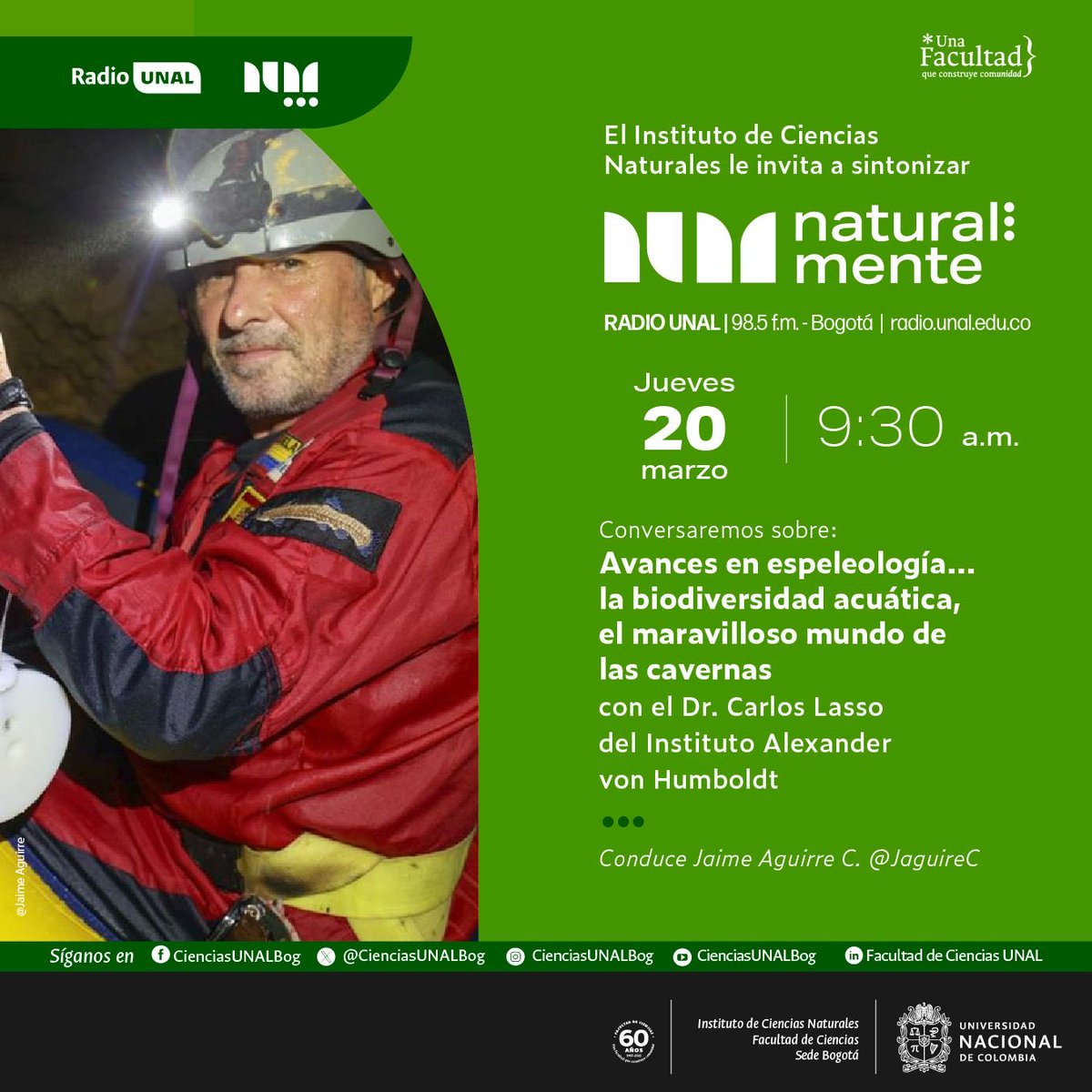 Si te interesan las cavernas, la vida subterránea, la política y la conservación, conéctate mañana jueves 20 en la radio UNAL 98.5 FM. Gracias ⁦<a href="/JaguireC/">Jaime Aguirre Ceballos</a>⁩ ⁦<a href="/UNALOficial/">Universidad Nacional de Colombia</a>⁩ ⁦<a href="/inst_humboldt/">Instituto Humboldt</a>⁩ ⁦<a href="/espeleocol/">Asociación Espeleológica Colombiana - ESPELEOCOL</a>⁩