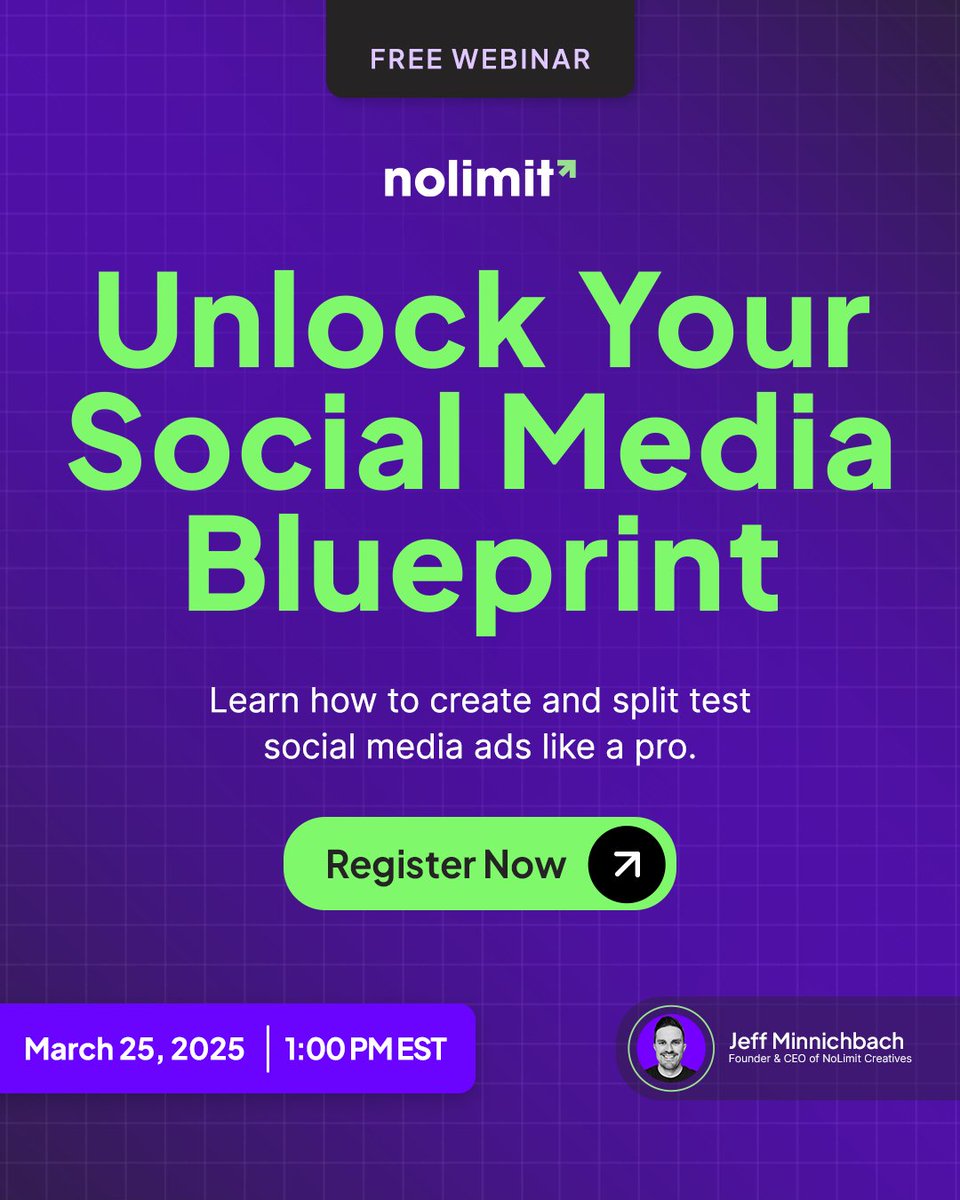 nolimitcreativ's tweet photo. High-performing ads don’t happen by accident, they follow a blueprint.

Join us on March 25th at 1:00 PM EST for a FREE webinar! Hosted by Jeff Minnichbach, Founder and CEO of NoLimit Creatives.

Register now!
🔗 Link in bio! ☝️ https://t.co/dH6pSYX5JG