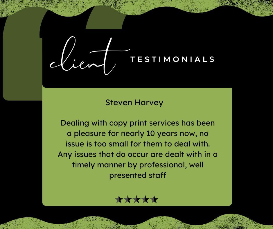 Our clients are our greatest advocates! 🙌 Thank you for trusting us with your printing needs-it's a pleasure to deliver quality service and results every time. #CustomerSatisfaction #TestimonialLove #CopyprintExcellence