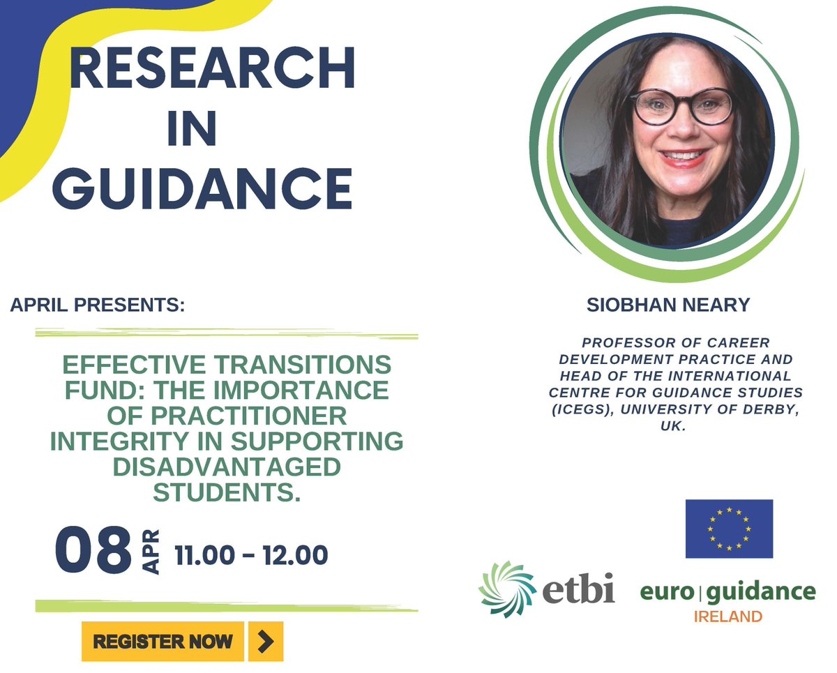 Event: Research in Guidance. 
Effective Transitions Fund: The Importance of Practitioner Integrity in Supporting Disadvantaged Students, 
08.04.25 11.00am to 12.00 
With Siobhan Neary - Professor of Career Development Practice and Head of iCeGS. 
buff.ly/5XmbdYh
#careers
