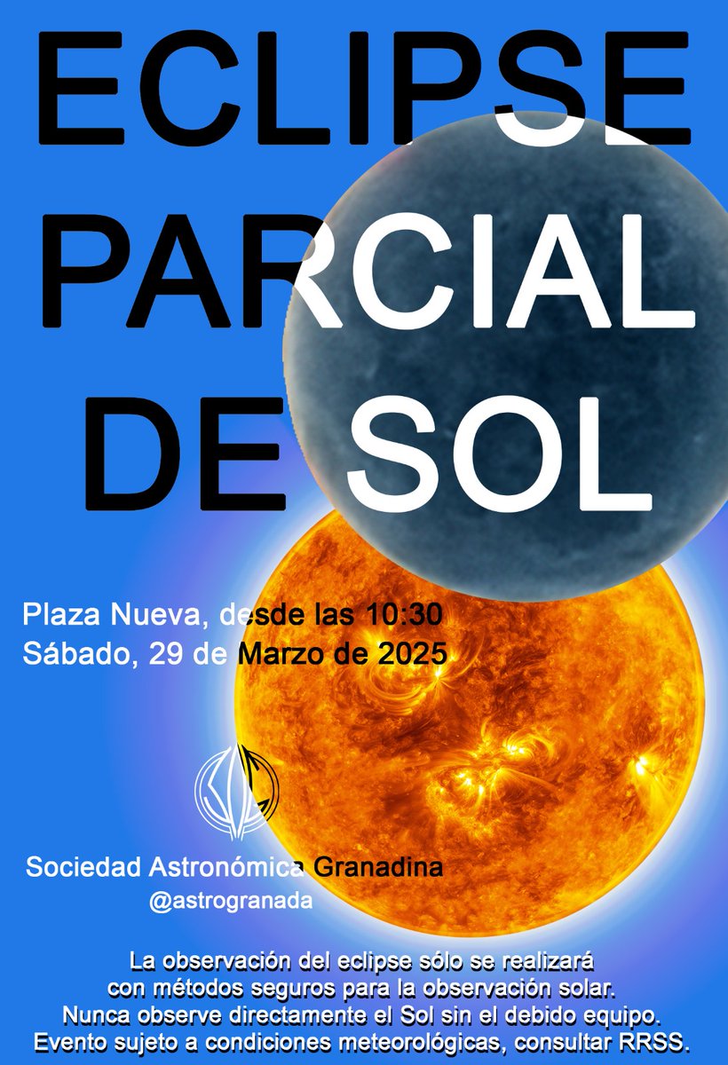 El día 29 de Marzo (si el tiempo lo permite) tendremos un #eclipse parcial de #Sol en #Granada. Podrás verlo con nosotros en #PlazaNueva por la mañana.