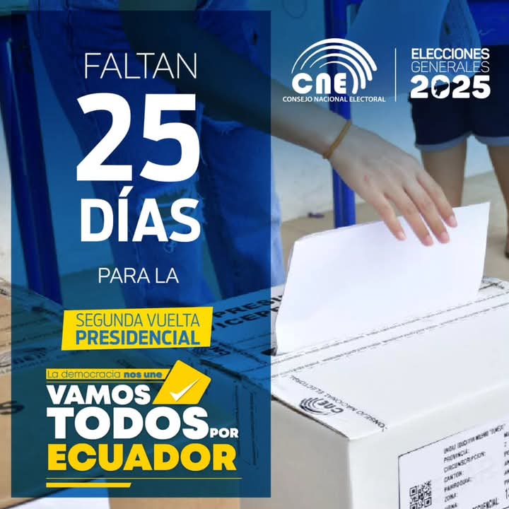 🔹 Ecuatorianos en Andalucía ¡Faltan 2️⃣5️⃣ días para que el Ecuador decida su futuro! 🇪🇨

🗳 Infórmate y vota con responsabilidad en la #SegundaVueltaPresidencial de las #Elecciones2025Ec este domingo 13 de abril.

📖 Revisa los planes de trabajo en 👉 votoinformado.cne.gob.ec