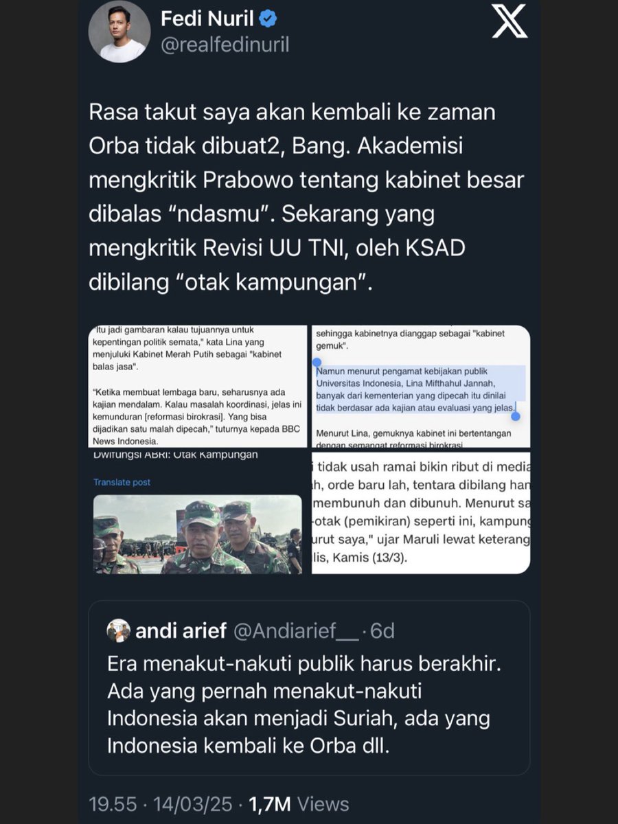 realfedinuril's tweet photo. @DedynurPalakka @Andiarief__ Jangan lupa juga didik Presiden, KSAD Stafsus untuk belajar menyampaikan argumen dengan jelas dan valid. 

Jangan hanya bisa maki-maki “ndasmu”, “otak kampungan” dan “kena prank” tanpa memberikan argumen dengan kajian yang mendalam. https://t.co/ALIqKcj7pp
