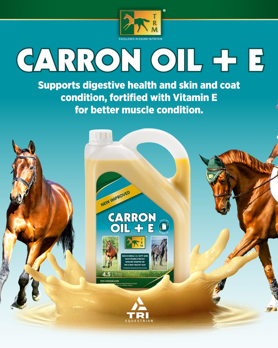 CARRON OIL + E is a complementary feed for horses which provides a source of essential fatty acids from a high quality blend of cold pressed linseed oil and calcium ! Feed as a digestive aid and to achieve the look of vitality and health with ADDED VITAMIN E 🤩✨