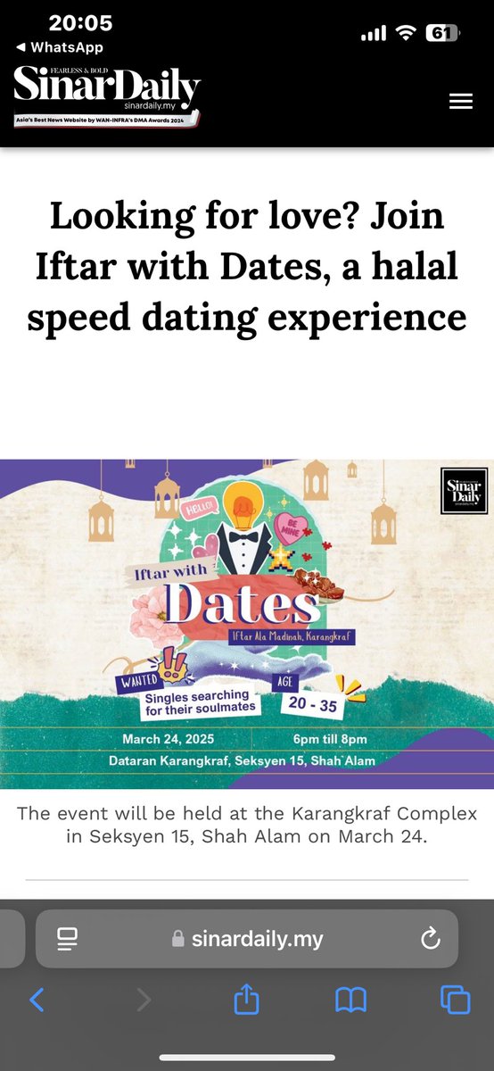 Mesti penatkan asyik kene soal “bila nak kahwin” musim raya ni ? Aku ada ternampak pasal Iftar with Dates ni kat apps Sinar Daily aritu . Untuk yang single mingle tu apa kata korang try join 🥰😍 mana tahu true love korang sesat kan hihi

events.karangkraf.com/event/iftar-wi…