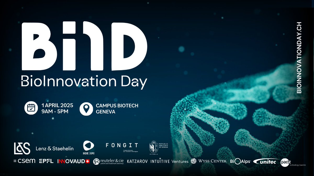 Wyss Center (@wysscenter) on Twitter photo 📅Experience the Future of Health Innovation at BIND 2025!✨
Join us on April 1 at <a href="/CampusBiotech/">Campus Biotech</a> for the 10th edition of #BioInnovationDay, an exclusive technology showcase and networking event for #LifeSciences innovation.
🔗Register now: bioinnovationday.ch 📅Experience the Future of Health Innovation at BIND 2025!✨
Join us on April 1 at <a href="/CampusBiotech/">Campus Biotech</a> for the 10th edition of #BioInnovationDay, an exclusive technology showcase and networking event for #LifeSciences innovation.
🔗Register now: bioinnovationday.ch
