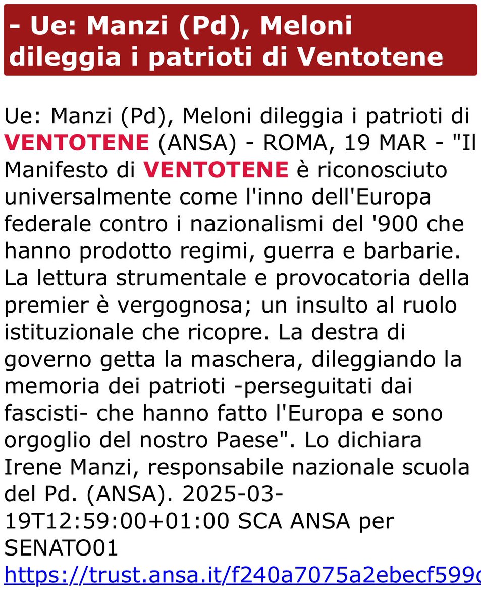Meloni dà una lettura strumentale e provocatoria del Manifesto di #Ventotene. Un insulto al ruolo istituzionale che ricopre. La destra di governo getta la maschera, dileggiando la memoria dei patrioti -perseguitati dai fascisti- che hanno fatto l’Europa.