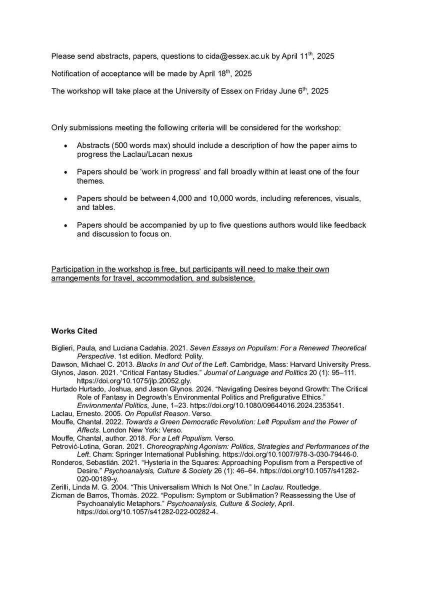 Populism Specialist Group (@populismpsa) on Twitter photo ๐ข CALL FOR PAPERS
Our friends from Essex are organising a great workshop on ๐๐๐๐ก๐๐ช, ๐๐๐๐๐ฃ ๐๐ฃ๐ ๐ฉ๐๐ ๐๐ค๐ก๐๐ฉ๐๐๐๐ก!
๐ When? 6 June 2025
๐ฉ Submission deadline: 11 April
A must for anyone interested in political theory, psychoanalysis & discourse! ๐ข CALL FOR PAPERS
Our friends from Essex are organising a great workshop on ๐๐๐๐ก๐๐ช, ๐๐๐๐๐ฃ ๐๐ฃ๐ ๐ฉ๐๐ ๐๐ค๐ก๐๐ฉ๐๐๐๐ก!
๐ When? 6 June 2025
๐ฉ Submission deadline: 11 April
A must for anyone interested in political theory, psychoanalysis & discourse!