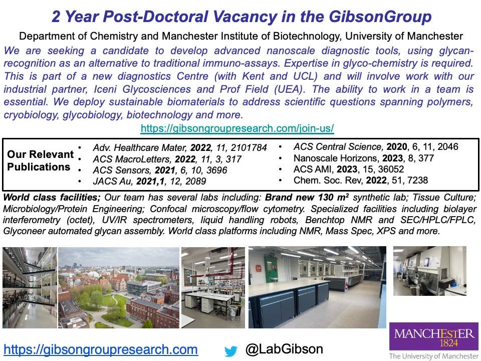 Matt Gibson (@labgibson) on Twitter photo We have another #postdoc vacancy <a href="/UoMChemistry/">UoM Chemistry</a> <a href="/UoMMIB/">Manchester Institute of Biotechnology</a> . Join us to explore new applications of glycan-nanodiagnostics, with our partners <a href="/IceniGlyco/">Iceni Glycoscience</a> and <a href="/Rob_Field_Lab/">Rob Field, PVC Science, UEA</a> #glycotime We have world-class facilities in great environment. Pls RT.
jobs.manchester.ac.uk/Job/JobDetail?… We have another #postdoc vacancy <a href="/UoMChemistry/">UoM Chemistry</a> <a href="/UoMMIB/">Manchester Institute of Biotechnology</a> . Join us to explore new applications of glycan-nanodiagnostics, with our partners <a href="/IceniGlyco/">Iceni Glycoscience</a> and <a href="/Rob_Field_Lab/">Rob Field, PVC Science, UEA</a> #glycotime We have world-class facilities in great environment. Pls RT.
jobs.manchester.ac.uk/Job/JobDetail?…