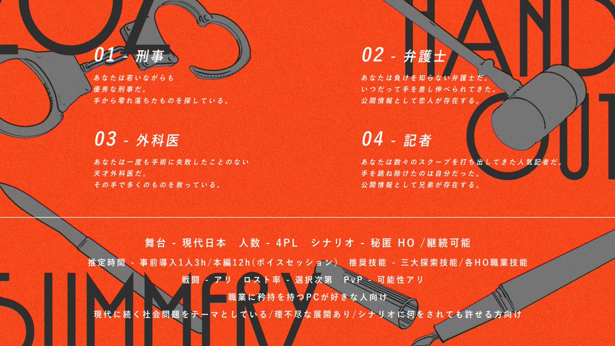 CoC非公式シナリオ 【202】
――これは、この世のために一生を賭ける者たちの物語である。

現代に続く社会問題をテーマにした職業に信念を持つPCが好きな人向けシナリオ。
※強いセンシティブ要素が含まれます。

CoC【202】SPLL:E193757 | やよい屋卓 ttnoe.booth.pm/items/6480367 #booth_pm