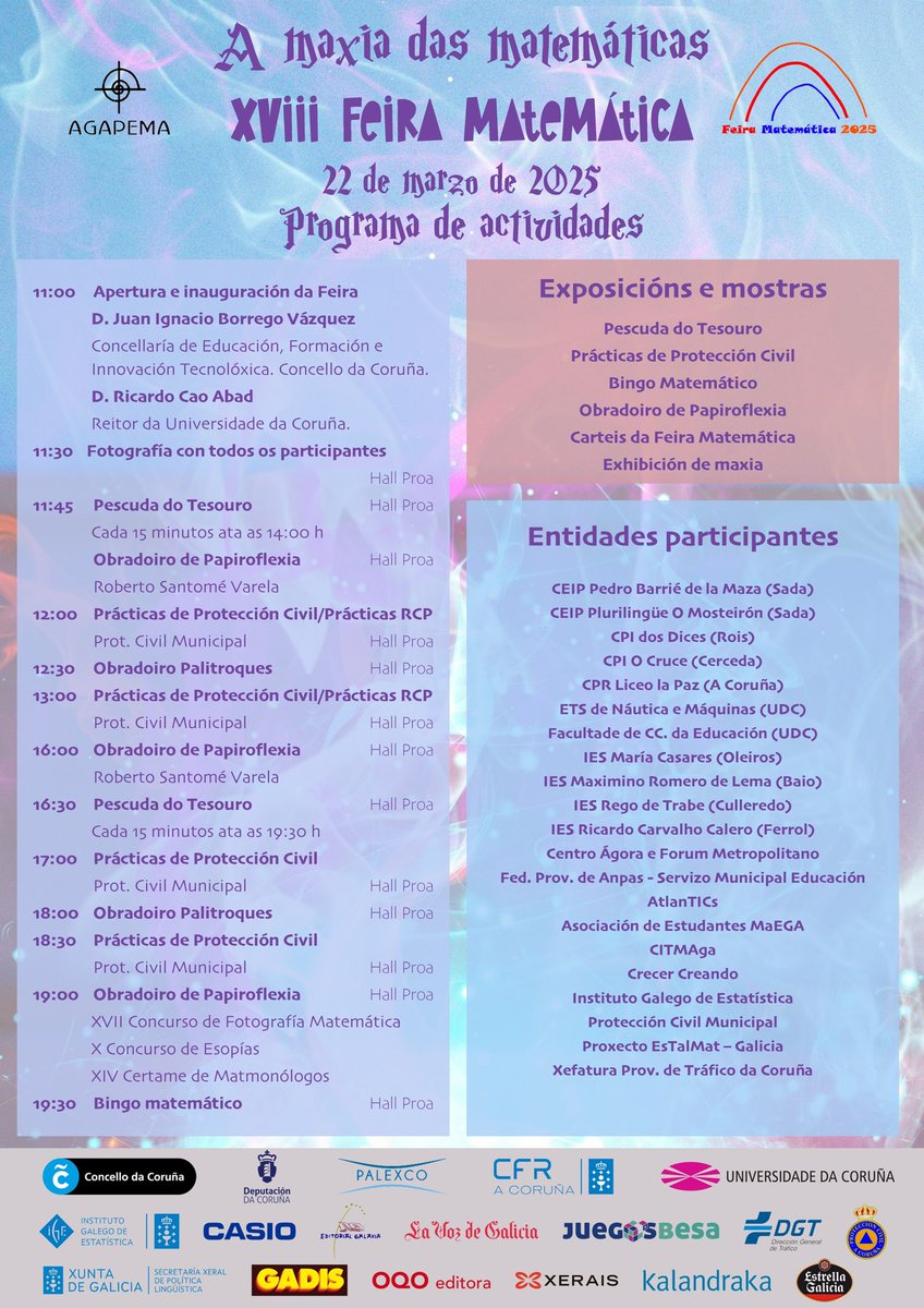 agapema (@agapemaf) on Twitter photo Este sábado 22 de marzo agardámosvos en Palexco para gozar da Feira Matemática!
Deixamos o programa de actividades e convidámosvos a asistir.
📅 Sábado 22 de marzo
⏰ De 11:00 a 20:00 horas
 📍 Palexco (A Coruña) Este sábado 22 de marzo agardámosvos en Palexco para gozar da Feira Matemática!
Deixamos o programa de actividades e convidámosvos a asistir.
📅 Sábado 22 de marzo
⏰ De 11:00 a 20:00 horas
 📍 Palexco (A Coruña)