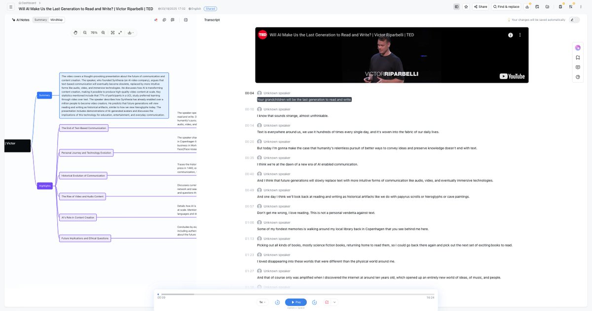 Synthesia's founder predicts AI-powered video, audio, and immersive technologies will replace text-based communication, making reading and writing historical artifacts. 
Check out the summary transcribed by #Notta: smpl.is/a3zez