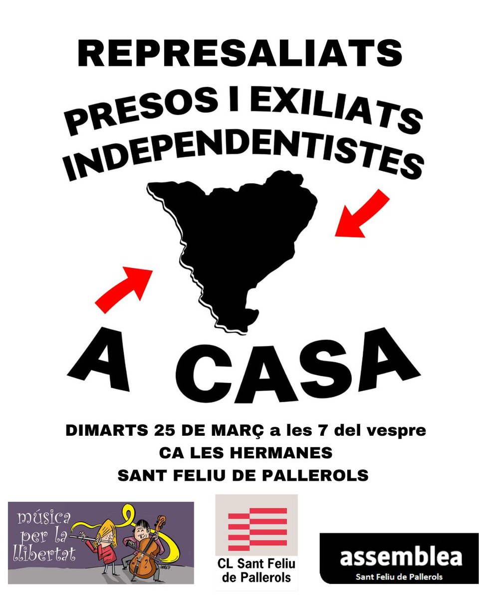 El dia 25 de març, commemorem la concentració 600 a StFdP, a favor de represaliats, presos i exiliats polítics provocats per la repressió de l'estat espanyol. 
Participaran:
Àngel Girona, Gabe Mc Laughlin
Eduard Canimas, Liz Castro, Toia Codina, Música per la Llibertat
‼️*‼️