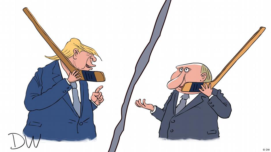 От телефонной беседы Трампа и Путина ждали многого. Но договоренность не бить по энергообъектам Украины РФ нарушила сразу же. Зато Кремль сообщил об идее хоккейных матчей игроков из США и России. Карикатура DW