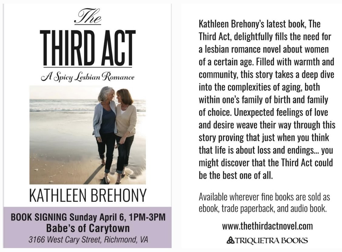 Richmond Peeps! Save the Date for a Book Signing at Babe's of Carytown! Sunday April 6 between 1-3. I'll be signing The Third Act at this historic LGBTQ Bar that plays a big part in my novel! Open to all and I hope to see lots of friends, the LGBTQ+ community, and allies.