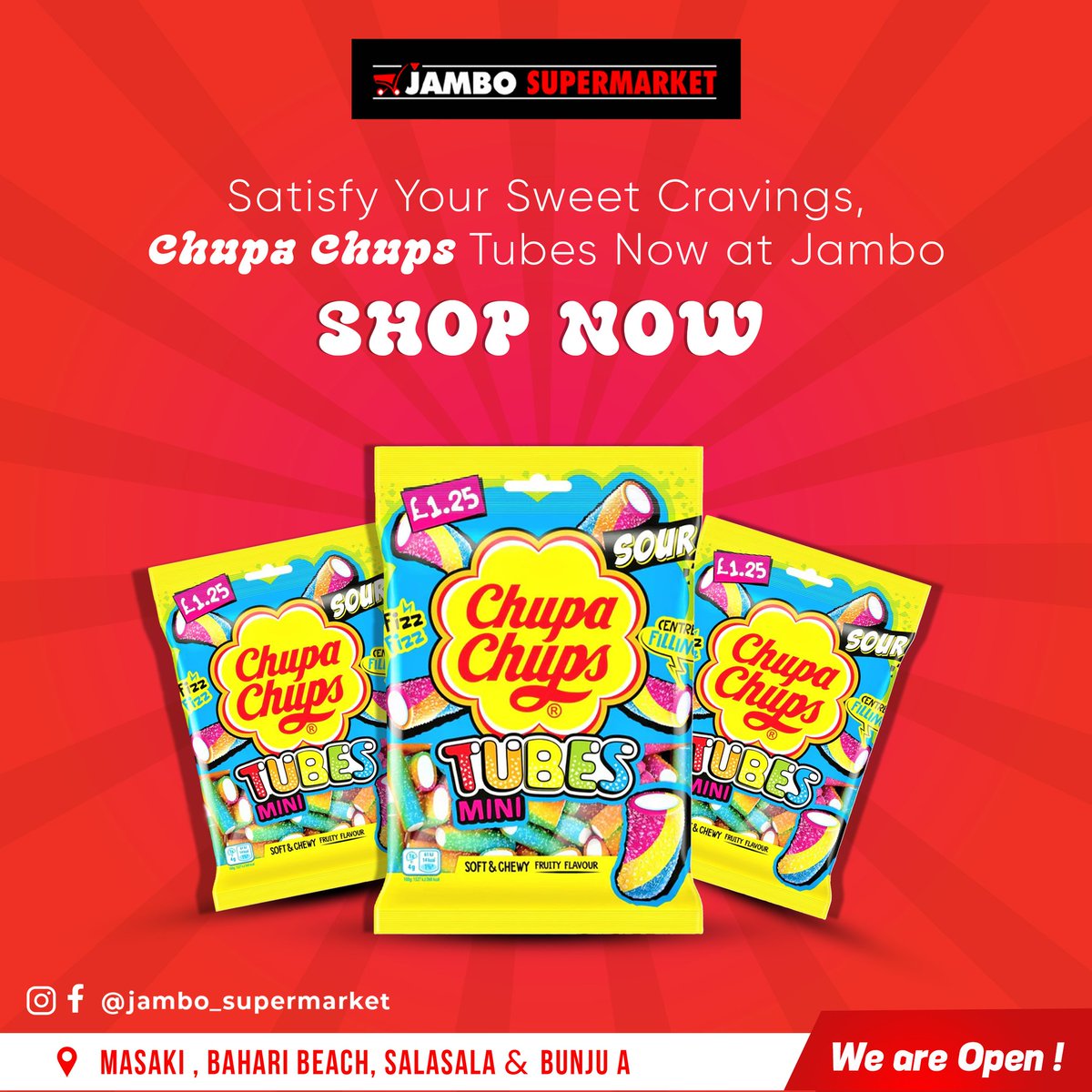 OfficialJamboTz's tweet photo. Sweet, sour, and oh-so-chewy! 🍬😍 Grab your Chupa Chups Tubes Mini now at Jambo Supermarket and treat yourself to a burst of fruity goodness! 

 Visit us in Masaki, Bahari Beach, Salasala &amp; Bunju A.

 #JamboSupermarket #SweetCravings #chupachups https://t.co/PiogQ3o96B