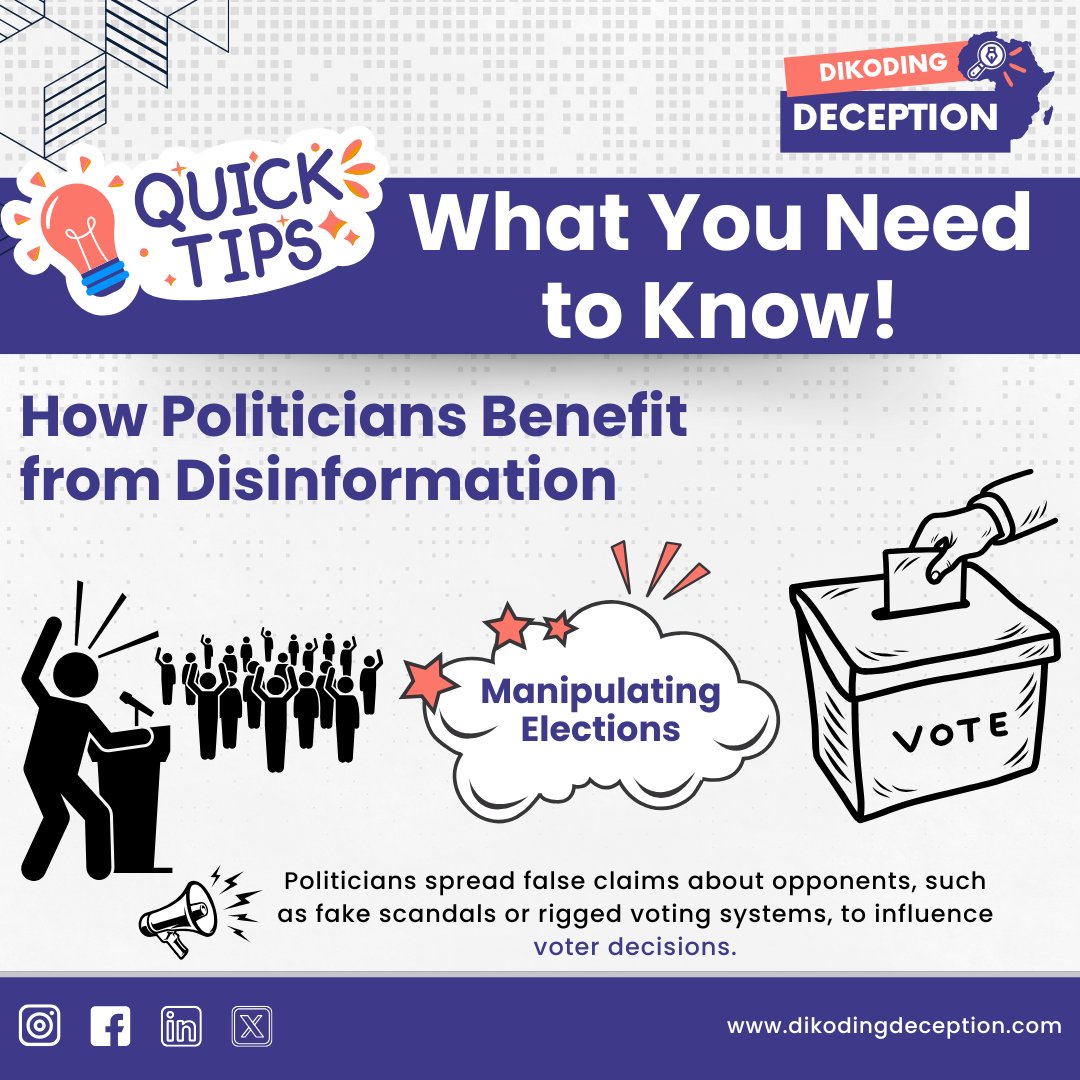 WeDecode101's tweet photo. Political players often find themselves at the center of disinformation. But how do they benefit?
👉Manipulating Elections by influencing voter decisions.
#SayNoToDisinformation #KnowTheFacts https://t.co/IqLwqjiASn