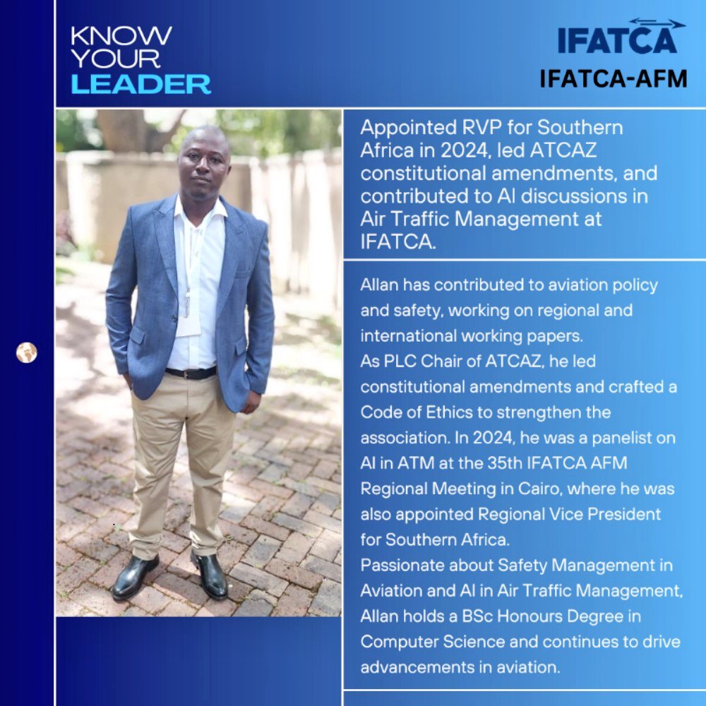 If you're interested in AI and Air Traffic Management (ATM), Allan Manema is a key figure to know. As the Regional Vice President of Southern Africa, he is dedicated to enhancing safety and leveraging AI in his role. 
Read on to know more about Allan!
<a href="/ifatca/">IFATCA</a>

#knowyourAFMleader