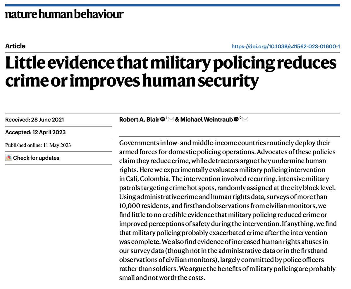 Michael Weintraub (@miweintraub83) on Twitter photo Nunca me canso de decirlo: desplegar militares a la calle *NO reduce el delito*.
Aquí la mejor evidencia disponible sobre el tema: un estudio que publicamos en <a href="/NatureHumBehav/">Nature Human Behaviour</a> (con <a href="/robert_a_blair/">Rob Blair - robertblair.bsky.social</a>) sobre un experimento aleatorizado que evaluamos en Cali
static1.squarespace.com/static/522fc0a… Nunca me canso de decirlo: desplegar militares a la calle *NO reduce el delito*.
Aquí la mejor evidencia disponible sobre el tema: un estudio que publicamos en <a href="/NatureHumBehav/">Nature Human Behaviour</a> (con <a href="/robert_a_blair/">Rob Blair - robertblair.bsky.social</a>) sobre un experimento aleatorizado que evaluamos en Cali
static1.squarespace.com/static/522fc0a…