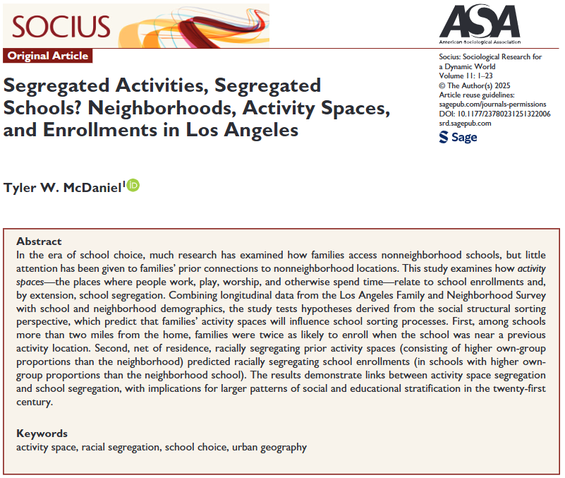 SociusJournal's tweet photo. 🏫 Not just where you live—where you go matters too.

@disastertyler’s #Socius article shows that L.A. families often choose schools near places they work, shop, or worship—and these #ActivitySpaces help shape #SchoolSegregation.

Read: https://t.co/V7DkrKU5mh https://t.co/JTFRpZm8U9