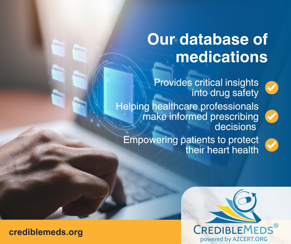 Our database of medications provides critical insights into drug safety, helping healthcare professionals make informed prescribing decisions and empowering patients to protect their heart health.  

Visit crediblemeds.org

#CredibleMeds #MedicationSafety #HeartHealth