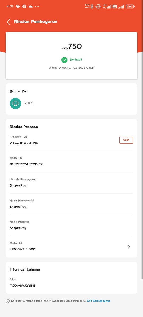 kusumaangrm's tweet photo. @i_m_mortal_ kak ak berhasil, dapet harga 1000 dikurang pake koin shopee 250 jd bayar cuma 750 untuk pulsa 5k wkwk lumayan bgt. terimakasih https://t.co/W3GVG8z5gC