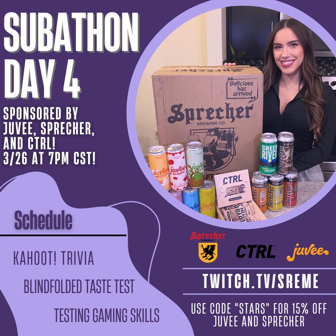 Sremetv's tweet photo. SUBATHON DAY 4 TONIGHT! 💜

Proudly sponsored by @drinkjuvee, @sprecherbrewery, and @DrinkCTRL!

We'll be doing trivia, a blindfolded taste test, testing my gaming skills, and more — starting at 7pm CST!
Plus, I'm doing a workout for every purchase my community makes. See you there!