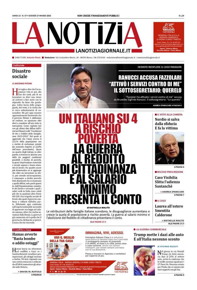 LaNotiziaTweet's tweet photo. 🗞 Buongiorno, ecco la nostra prima pagina di oggi https://t.co/mPls3gOX1j https://t.co/ldDgWFP0Si