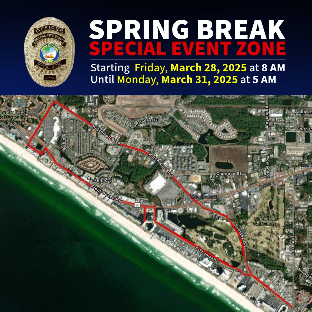 cityofpcbfl's tweet photo. A SPECIAL EVENT ZONE will be in effect from 8AM FRI., 3/28/25-5AM MON., 3/31/25. See zone map below. Look  for signs posted around entry points in the area. These measures are in place to keep everyone safe and maintain order during Spring Break. #springbreaksmart https://t.co/LjlWpPOrU0