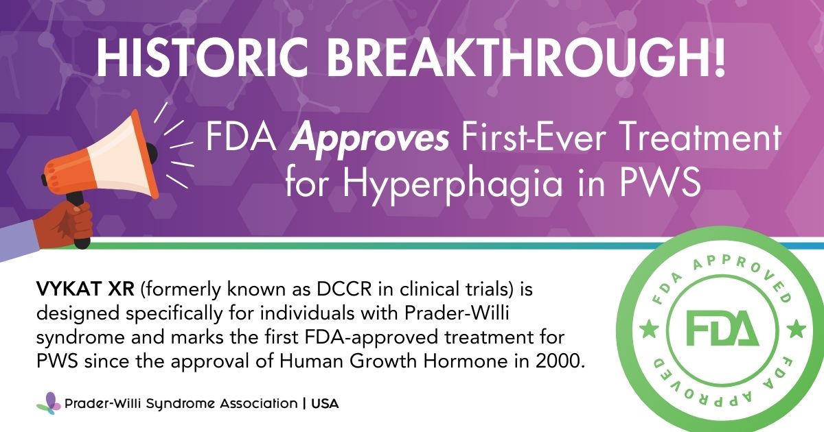 BREAKING: The FDA approved VYKAT XR (formerly DCCR) as the first-ever treatment for hyperphagia in PWS! A huge win for our community!
Learn more: bit.ly/3DWLhTB
Press release: bit.ly/426KZSf
Stay tuned for details, April 16 webinar. #PWSCommunity #FDAApproval